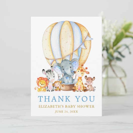 サファリ動物たちが青く熱い気球のベビーシャワー サンキューカード (スタンド正面)