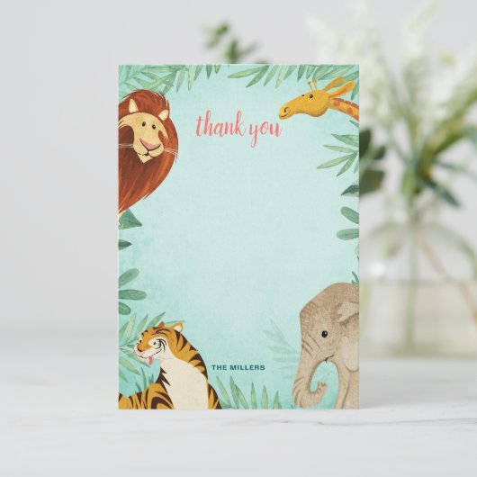 サファリ動物のアフリカの幼児の男の子の誕生会 サンキューカード (スタンド正面)