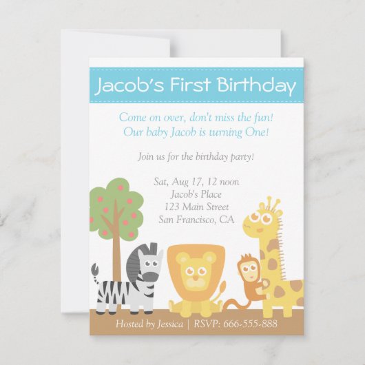 サファリ動物のテーマでお子様の1歳の誕生日パーティーを盛大に祝おう 招待状 (正面)