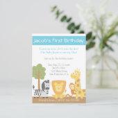 サファリ動物のテーマでお子様の1歳の誕生日パーティーを盛大に祝おう 招待状 (スタンド正面)