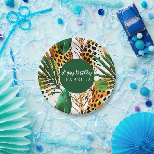 サファリ動物のファープリント＆パームリーフ ボーホー ペーパープレート (パーティー)