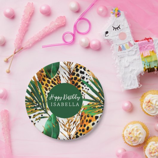 サファリ動物のファープリント＆パームリーフ ボーホー ペーパープレート (パーティー)