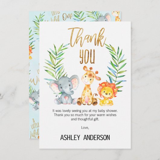 サファリ動物のベビーシャワーのサンキューカード 招待状 (正面/裏面)