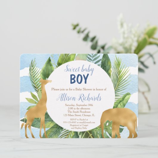 サファリ動物のベビーシャワーの招待の男の子 招待状 (スタンド正面)