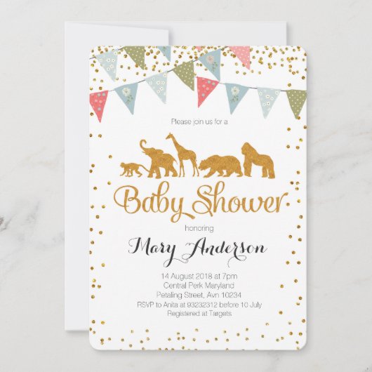 サファリ動物のベビーシャワーの招待状の金ゴールドのグリッター 招待状 (正面)
