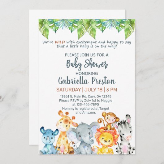 サファリ動物のベビーシャワーの招待状。ホワイト. 招待状 (正面/裏面)