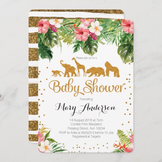 サファリ動物のベビーシャワーの招待状 招待状 (正面/裏面)