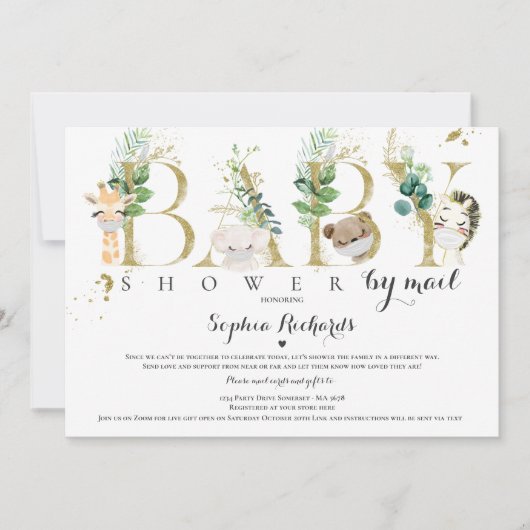 サファリ動物のベビーシャワーを郵送緑の金ゴールド 招待状 (正面)