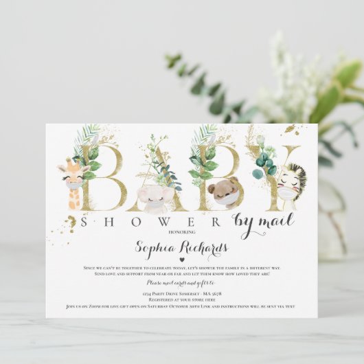 サファリ動物のベビーシャワーを郵送緑の金ゴールド 招待状 (スタンド正面)