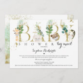 サファリ動物のベビーシャワーを郵送緑の金ゴールド 招待状 (正面/裏面)