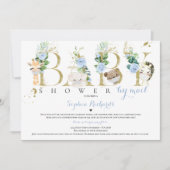 サファリ動物のベビーシャワーを郵送緑の金ゴールド 招待状 (正面)