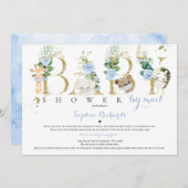 サファリ動物のベビーシャワーを郵送緑の金ゴールド 招待状 (正面/裏面)