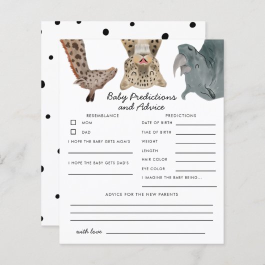 サファリ動物のベビー予測とアドバイスカード (正面/裏面)