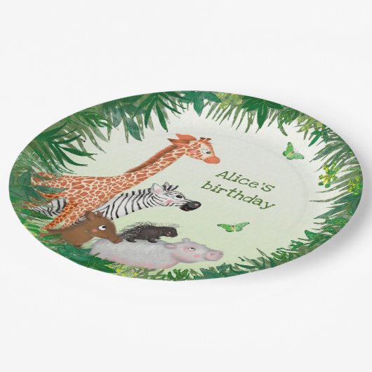 サファリ動物のラウンド誕生日パーティー紙プレート ペーパープレート (アングル)