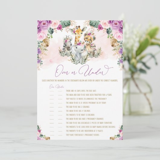 サファリ動物の上または下のベビーシャワーゲームカード 招待状 (スタンド正面)