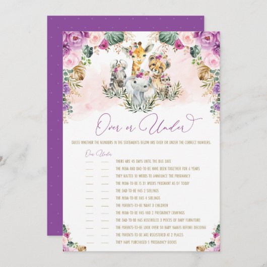 サファリ動物の上または下のベビーシャワーゲームカード 招待状 (正面/裏面)