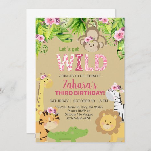 サファリ動物の女の子の女の子3番目の誕生日招待状。 招待状 (正面/裏面)