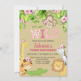 サファリ動物の女の子の女の子3番目の誕生日招待状。 招待状