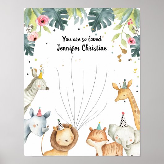 サファリ動物の女の子の指紋ゲストブック誕生日 ポスター (正面)