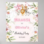 サファリ動物の女の子の誕生日パーティー歓迎のサイン ポスター (正面)