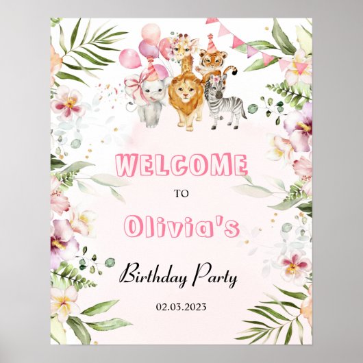 サファリ動物の女の子の誕生日パーティー歓迎のサイン ポスター (正面)