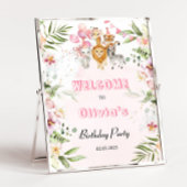 サファリ動物の女の子の誕生日パーティー歓迎のサイン ポスター