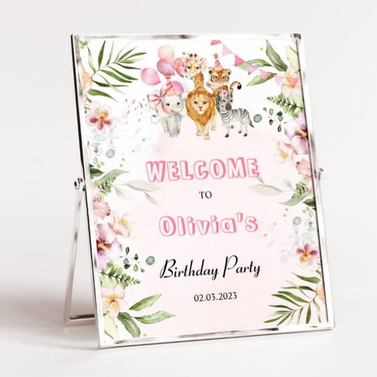 サファリ動物の女の子の誕生日パーティー歓迎のサイン ポスター
