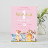 サファリ動物の女の子の誕生日招待状、ピンク任意の年齢。 招待状 (スタンド正面)