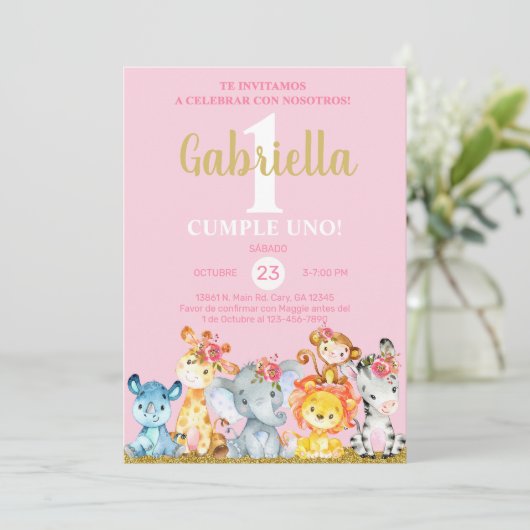サファリ動物の女の子の誕生日招待状、ピンク任意の年齢。 招待状 (スタンド正面)