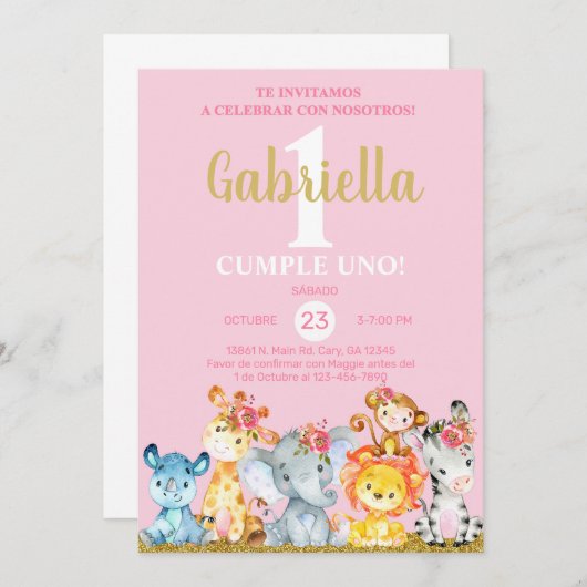 サファリ動物の女の子の誕生日招待状、ピンク任意の年齢。 招待状 (正面/裏面)