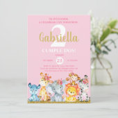 サファリ動物の女の子の誕生日招待状、ピンク任意の年齢。 招待状 (スタンド正面)