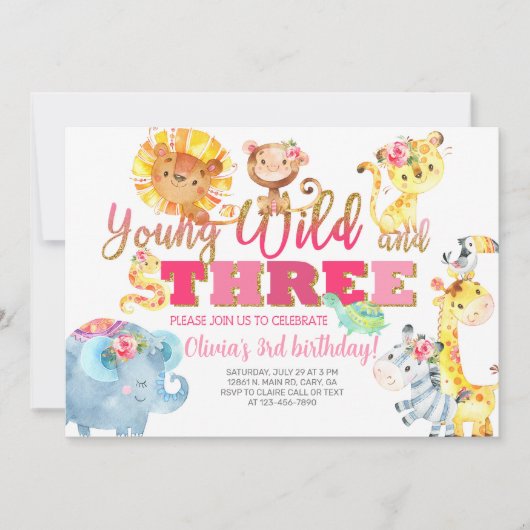 サファリ動物の女の子の3歳の誕生日招待状 招待状 (正面)
