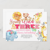 サファリ動物の女の子の3歳の誕生日招待状 招待状 (正面/裏面)