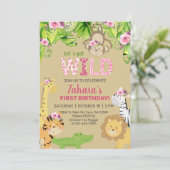 サファリ動物の女の子1st最初の誕生日招待状。 招待状 (スタンド正面)