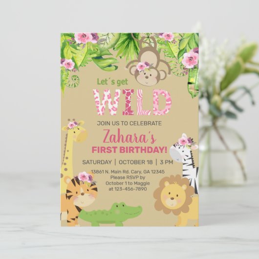 サファリ動物の女の子1st最初の誕生日招待状。 招待状 (スタンド正面)