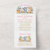 サファリ動物の女の子 ピンクのベビーシャワーと本 オールインワン招待状 (内側)