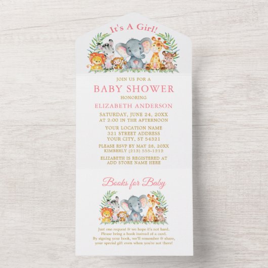サファリ動物の女の子 ピンクのベビーシャワーと本 オールインワン招待状 (内側)