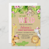 サファリ動物の女の子　最初の１歳の誕生日にお誘いします。 招待状 (正面/裏面)