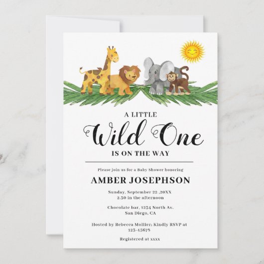 サファリ動物の小さな野生の1つの赤ちゃんシャワー 招待状 (正面)