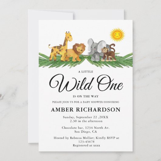 サファリ動物の小さな野生の1つの赤ちゃんシャワー 招待状 (正面)