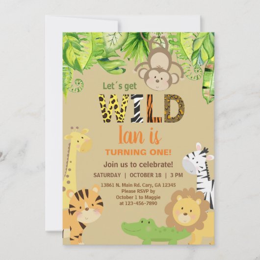 サファリ動物の少年ワイルドワン1歳の誕生日招待状。 招待状 (正面)