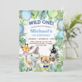 サファリ動物の少年ワイルドワン1歳の誕生日招待状。I 招待状 (スタンド正面)