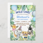 サファリ動物の少年ワイルドワン1歳の誕生日招待状。I 招待状 (正面/裏面)