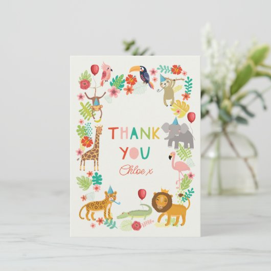サファリ動物の感謝祭、カラフルで楽しいジャングルのテーマ サンキューカード (スタンド正面)