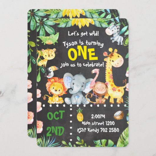 サファリ動物の招待状 ジャングル誕生日 ZOO 招待状 (正面/裏面)