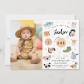 サファリ動物の最初の誕生日の男の子の写真の招待 招待状 (正面)