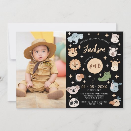 サファリ動物の最初の誕生日の男の子の写真の招待 招待状 (正面)