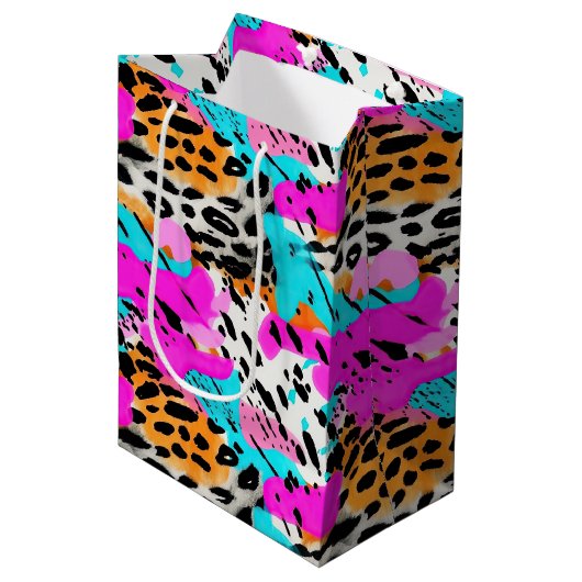 サファリ動物の毛皮のプリントパターンのネオンカラフル ミディアムペーパーバッグ (正面アングル)