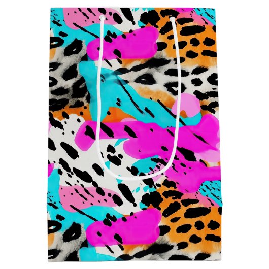 サファリ動物の毛皮のプリントパターンのネオンカラフル ミディアムペーパーバッグ (裏面)