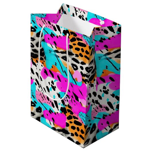 サファリ動物の毛皮のプリントパターンのネオンカラフル ミディアムペーパーバッグ (裏面アングル)